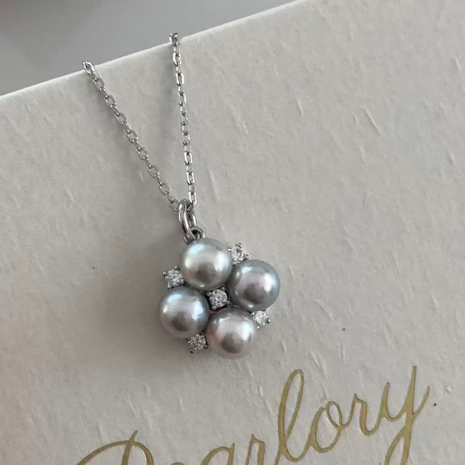 5.5-6mm Four-Leaf Clover Akoya Gray Pearl Necklace