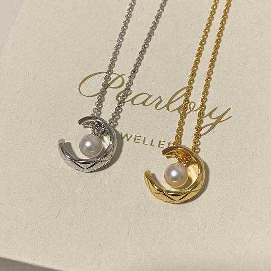 6-6.5mm Akoya Moonlight Treasure Box Pearl Necklace - Silver/Gold