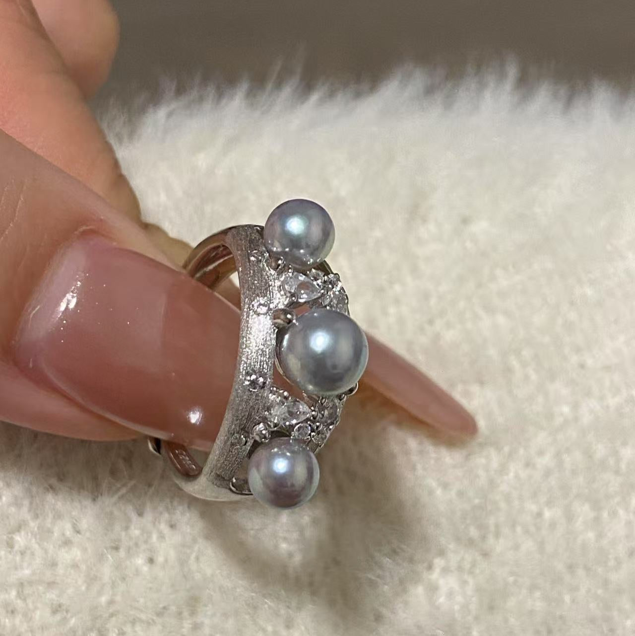 Matte Brushed Akoya Grey Pearl Ring AGRS5600