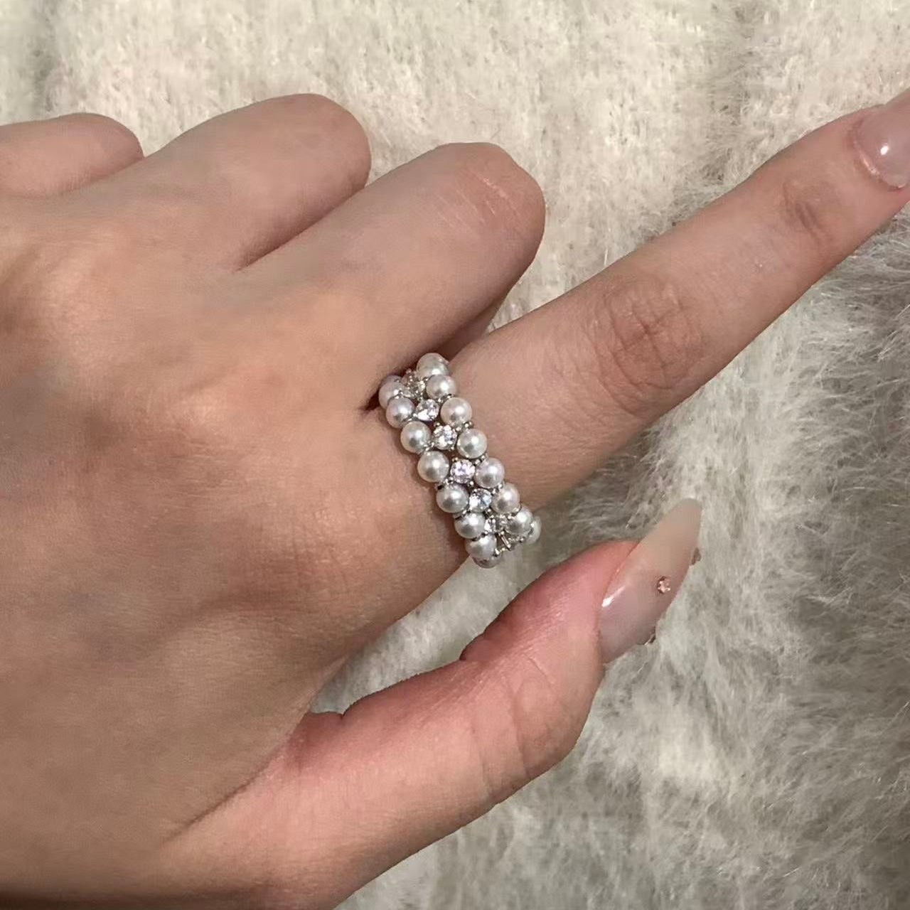 3.5-4mm Triple-Row Aurora Freshwater Pearl Ring