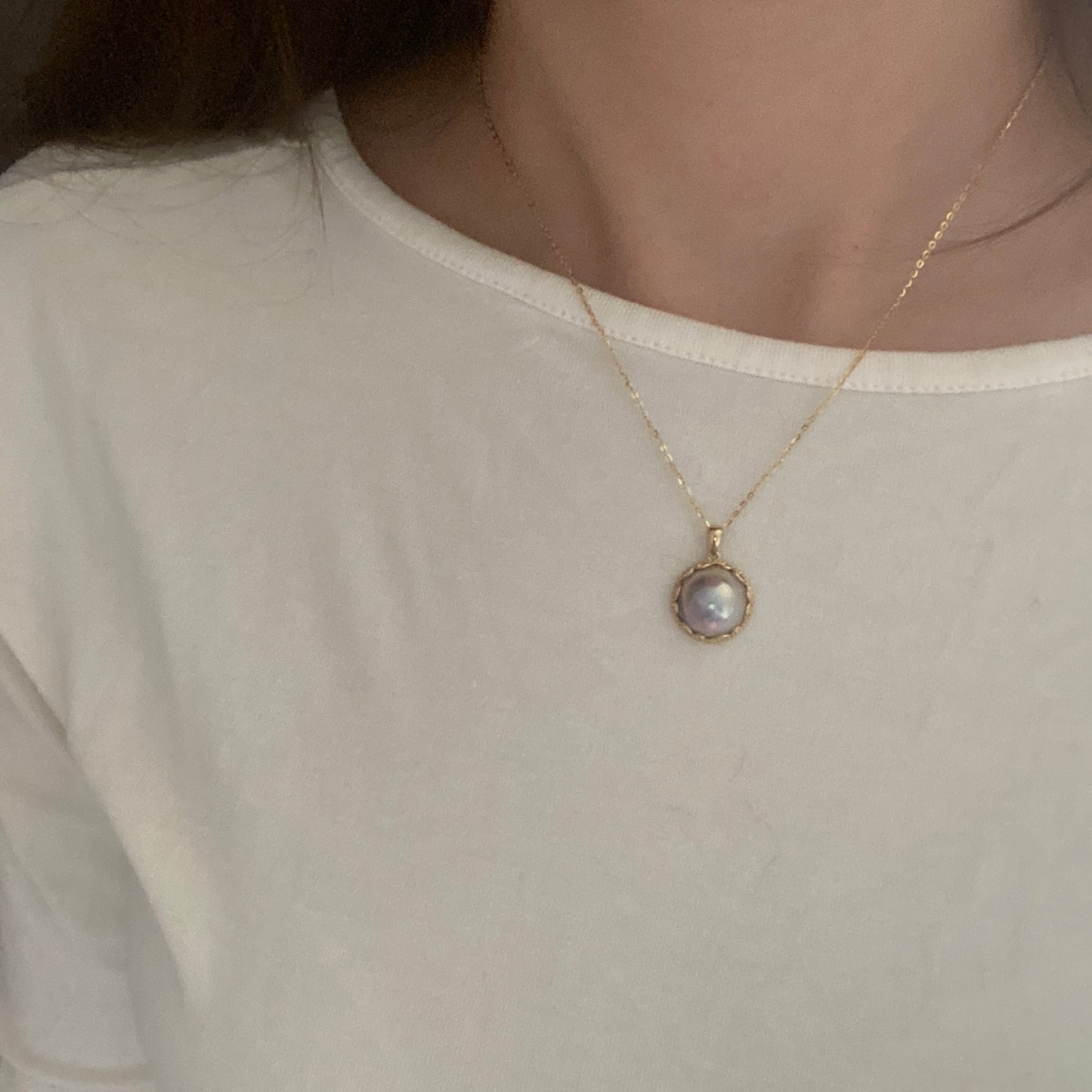 18K Gold Blue Iridescent Mabe Saltwater Pearl Necklace MSP18K1617