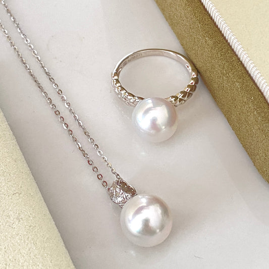 18K White Gold Diamond Pattern Australian South Sea Pearl Sets ASPPS002