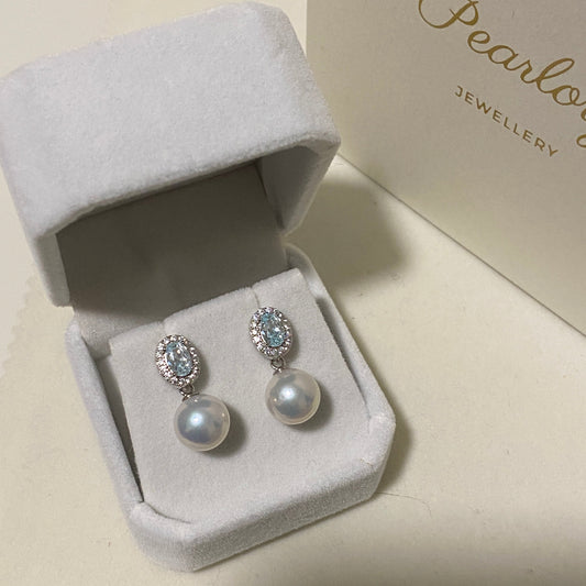(Pre-order) 9-10mm Aquamarine Zircon Freshwater Pearl Earrings FES0970