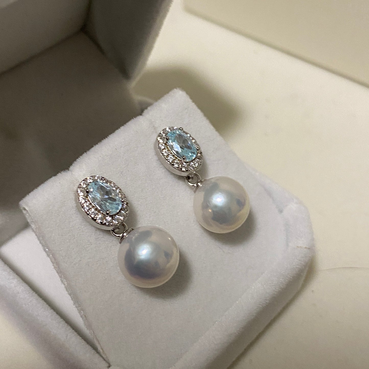 (Pre-order) 9-10mm Aquamarine Zircon Freshwater Pearl Earrings FES0970