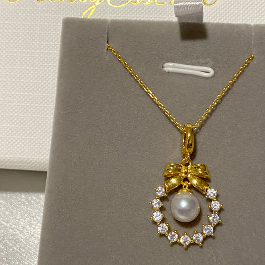 (Pre-order) Bow Wreath Akoya Gray Pearl Necklace