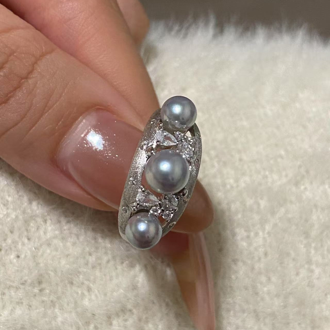Matte Brushed Akoya Grey Pearl Ring AGRS5600