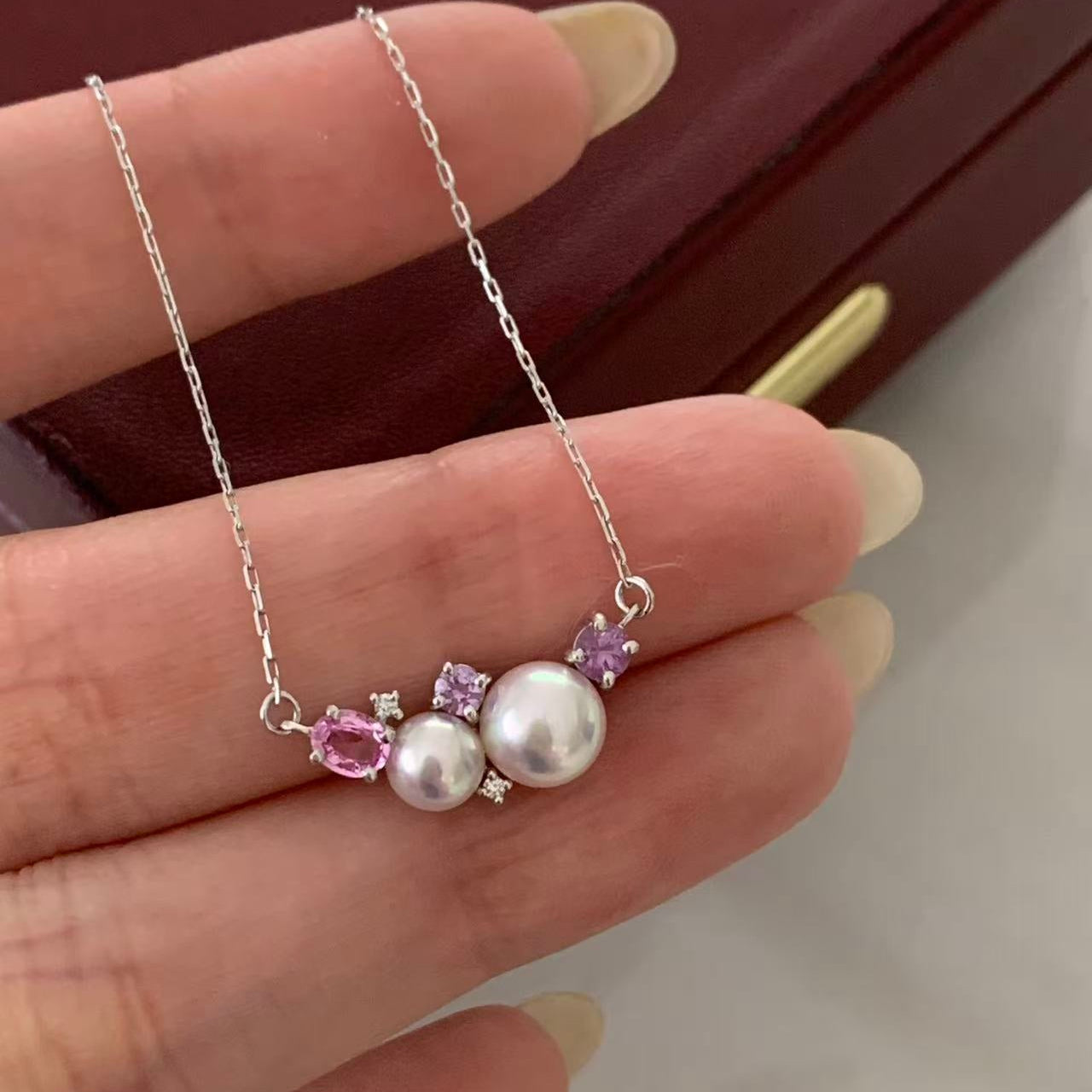 Platinum Diamond Akoya Peach-Toned Pearl Necklace