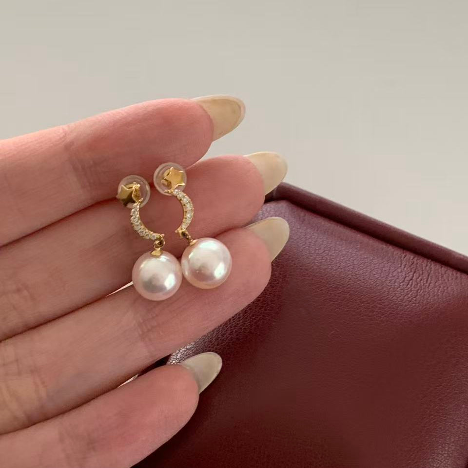 18K Gold Akoya Star and Moon Earrings