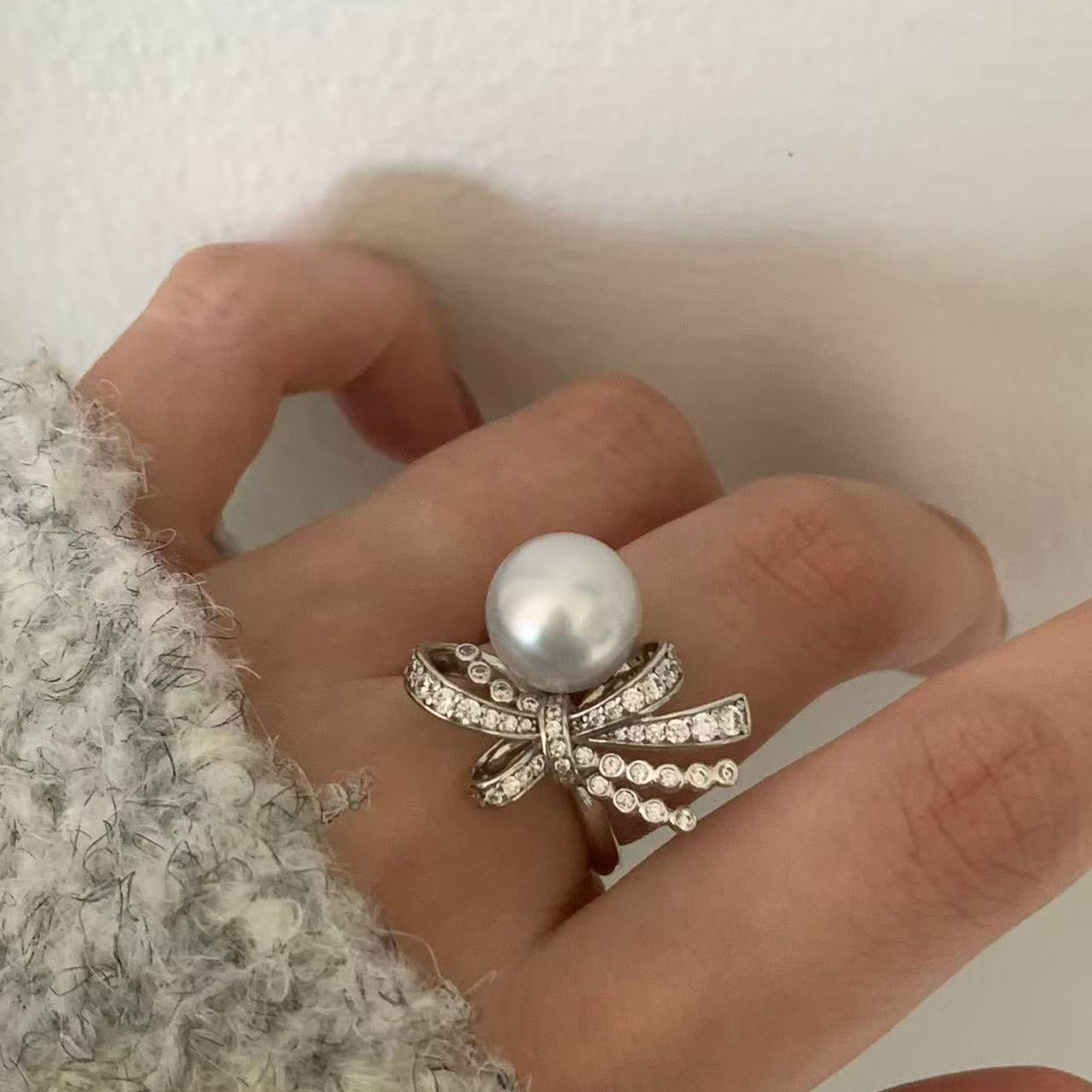 Silver Tone Bow Australian South Sea Pearl  Ring