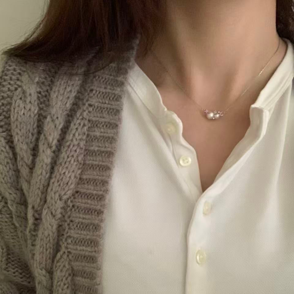 Platinum Diamond Akoya Peach-Toned Pearl Necklace