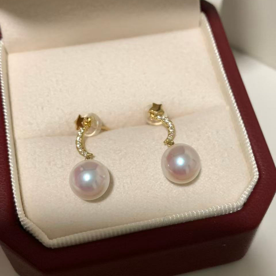 18K Gold Akoya Star and Moon Earrings