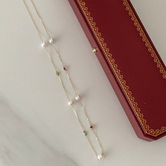 18K Gold Multi-Gemstone Akoya Pearl Starry Necklace