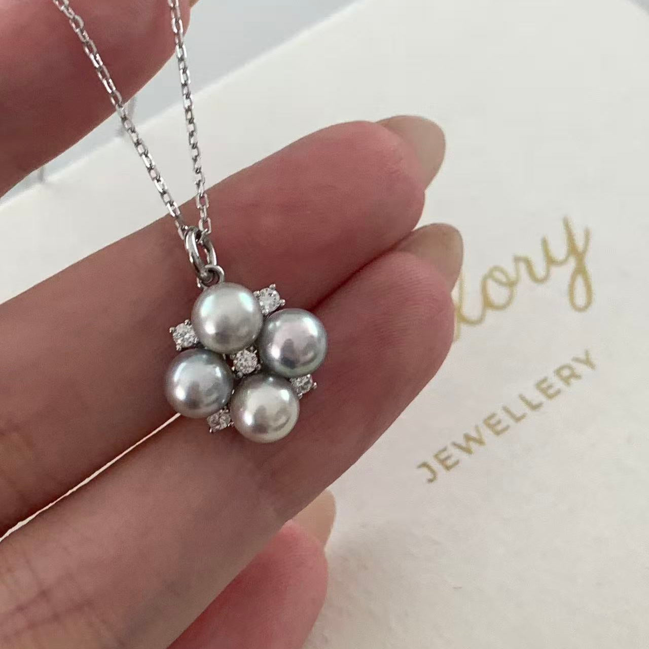 5.5-6mm Four-Leaf Clover Akoya Gray Pearl Necklace
