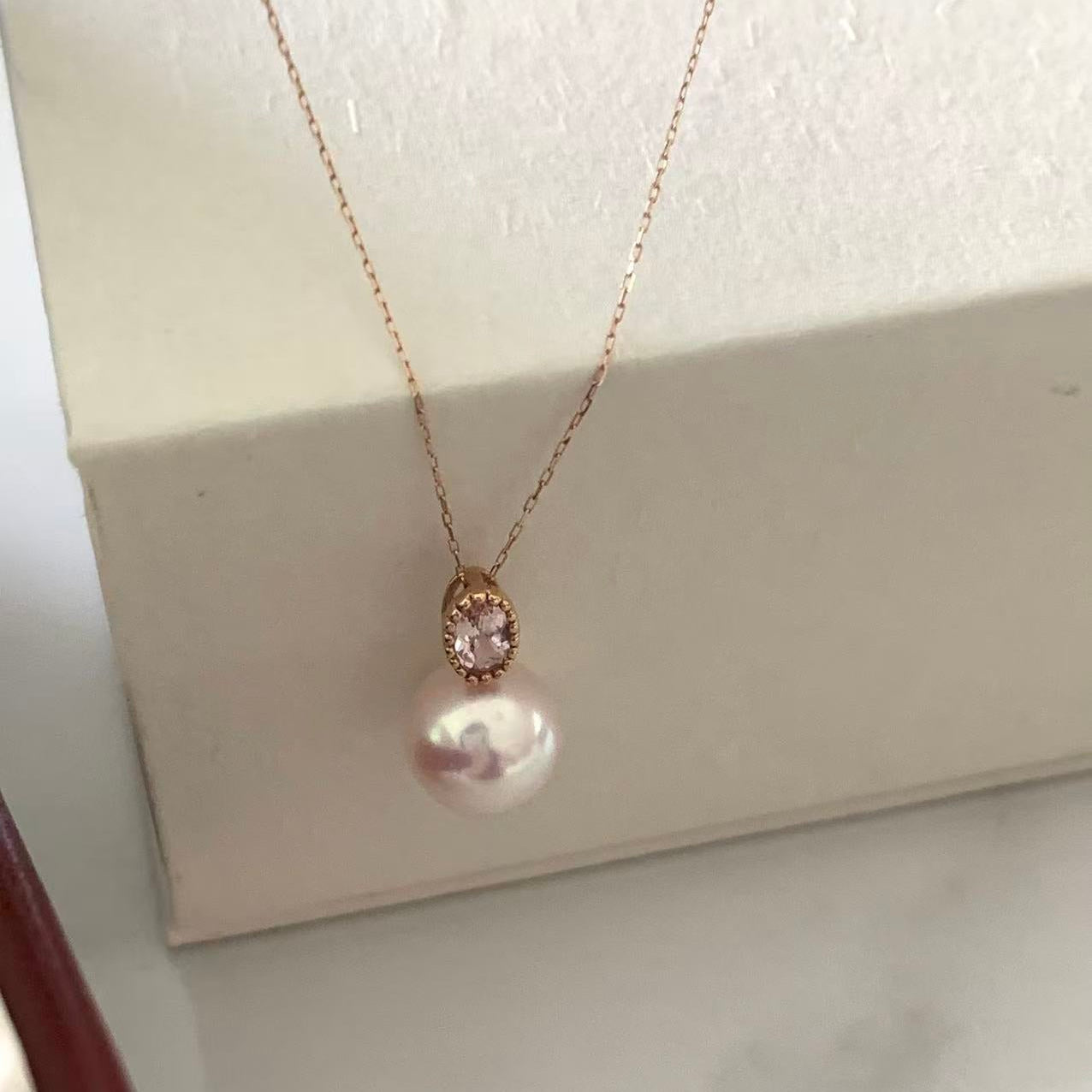 18K Gold Pink Sapphire Akoya Necklace