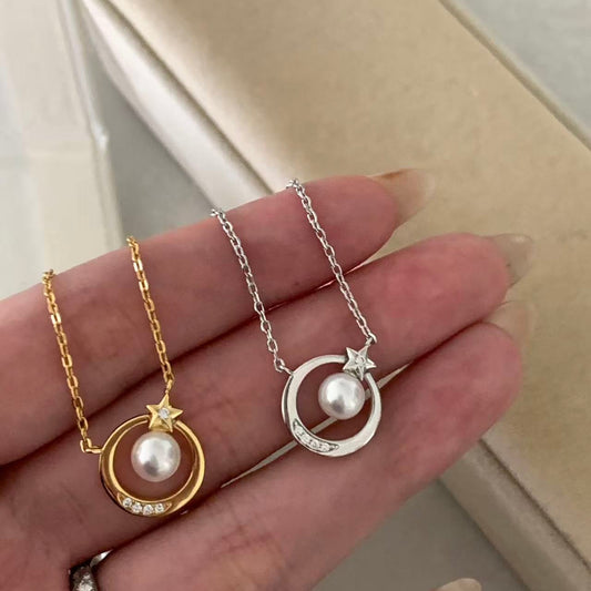 6mm Aurora Star & Moon Freshwater Pearl Necklace - Gold / Silver