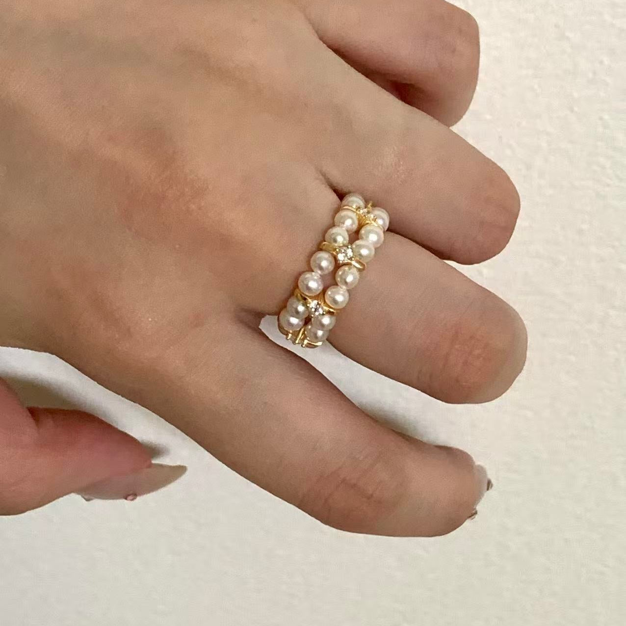 3.5-4mm Gold Double-Row Freshwater Pearl Ring