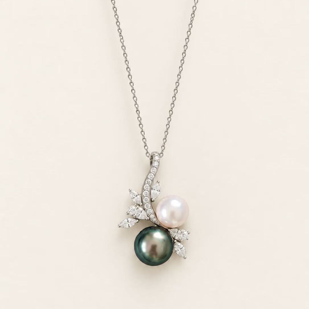Tahitian Double Pearl Floral Branch Necklace