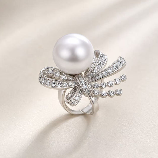 Silver Tone Bow Australian South Sea Pearl  Ring