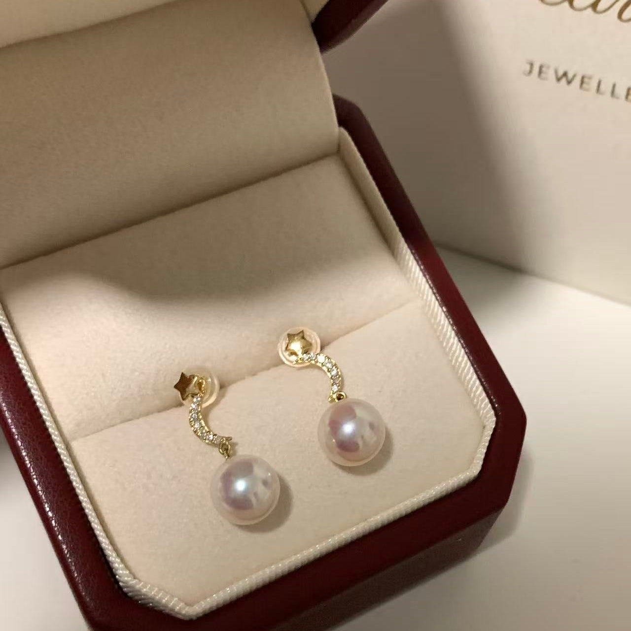 18K Gold Akoya Star and Moon Earrings