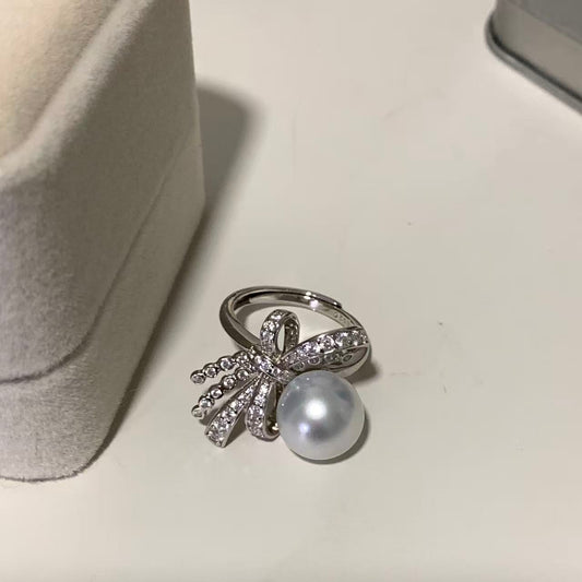 Silver Tone Bow Australian South Sea Pearl  Ring