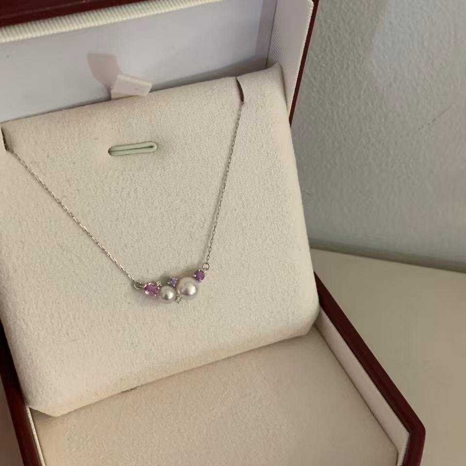 Platinum Diamond Akoya Peach-Toned Pearl Necklace