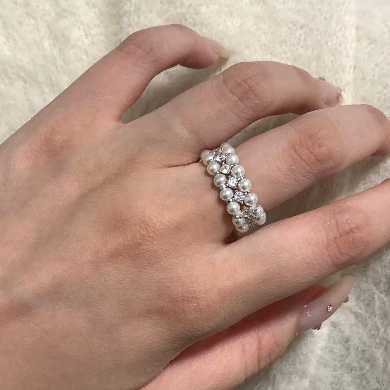 3.5-4mm Triple-Row Aurora Freshwater Pearl Ring