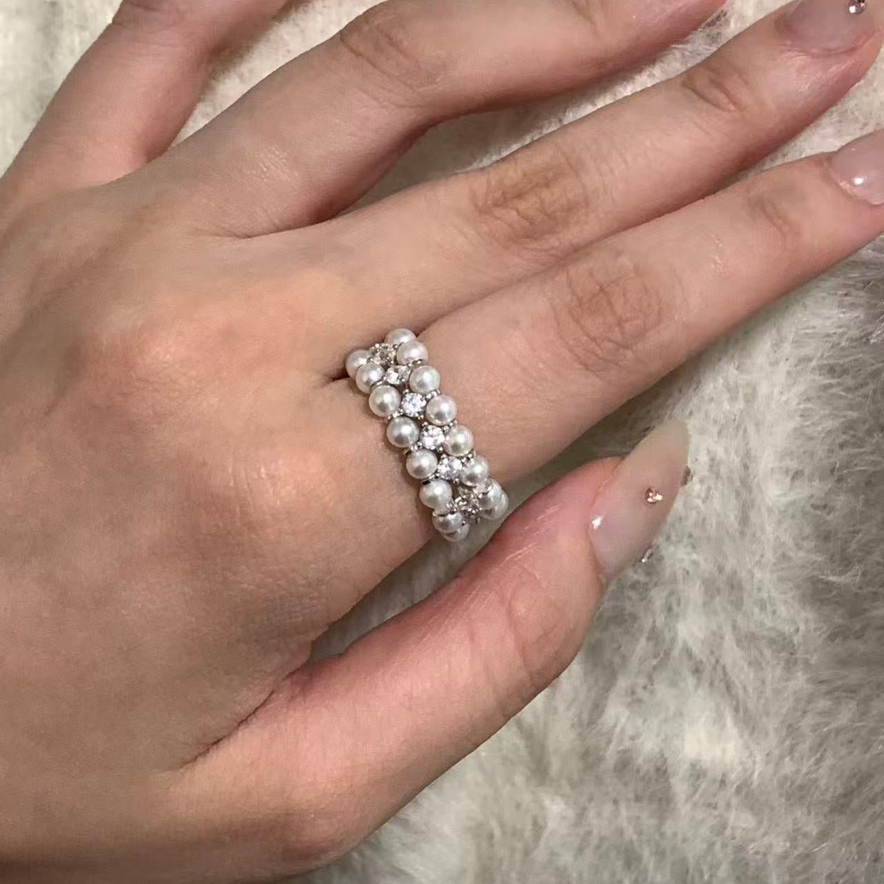 3.5-4mm Triple-Row Aurora Freshwater Pearl Ring