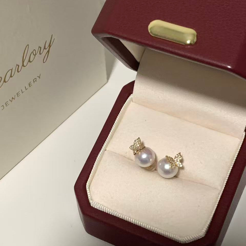 18K Gold Butterfly Akoya Pearl Stud Earrings