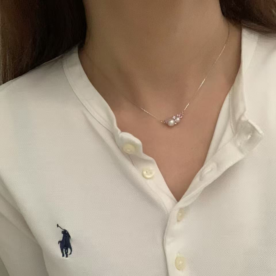 Platinum Diamond Akoya Peach-Toned Pearl Necklace