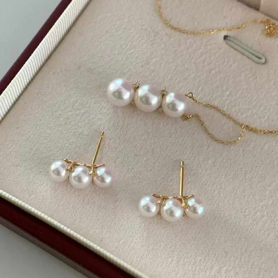 18K Gold Akoya Pearl & Diamond Pea Pearl Set APPS001