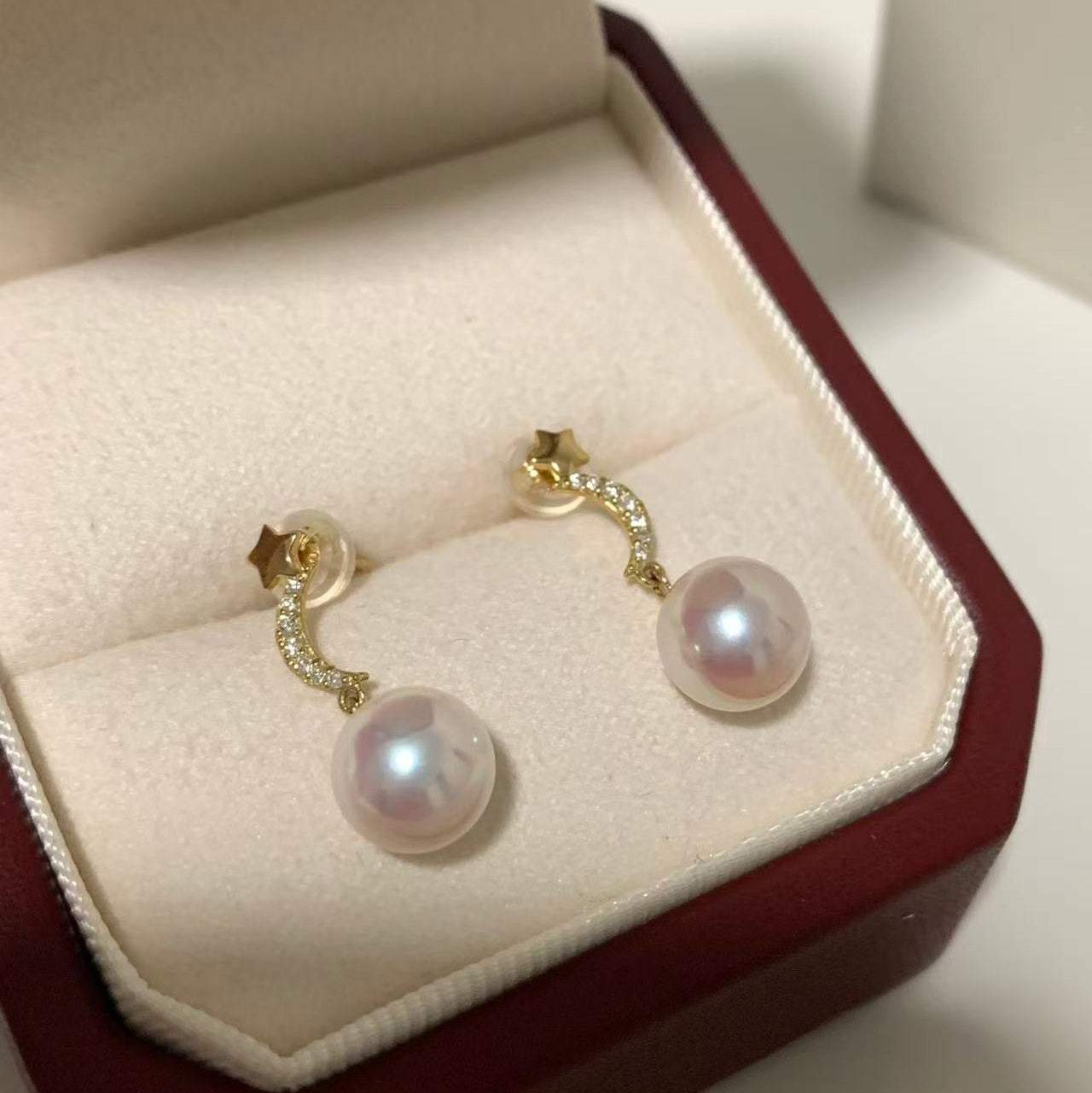 18K Gold Akoya Star and Moon Earrings