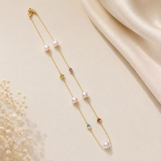 18K Gold Multi-Gemstone Akoya Pearl Starry Necklace