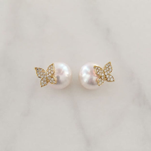 18K Gold Butterfly Akoya Pearl Stud Earrings