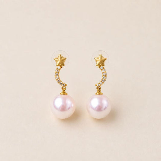 18K Gold Akoya Star and Moon Earrings