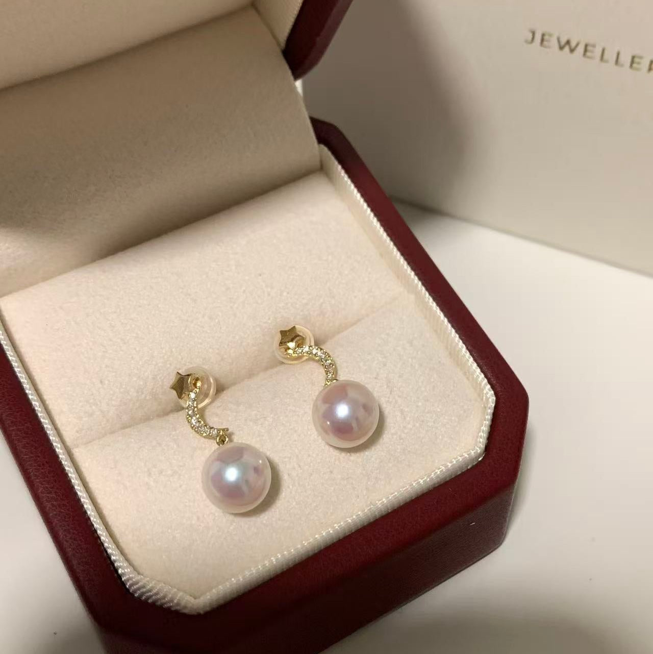 18K Gold Akoya Star and Moon Earrings