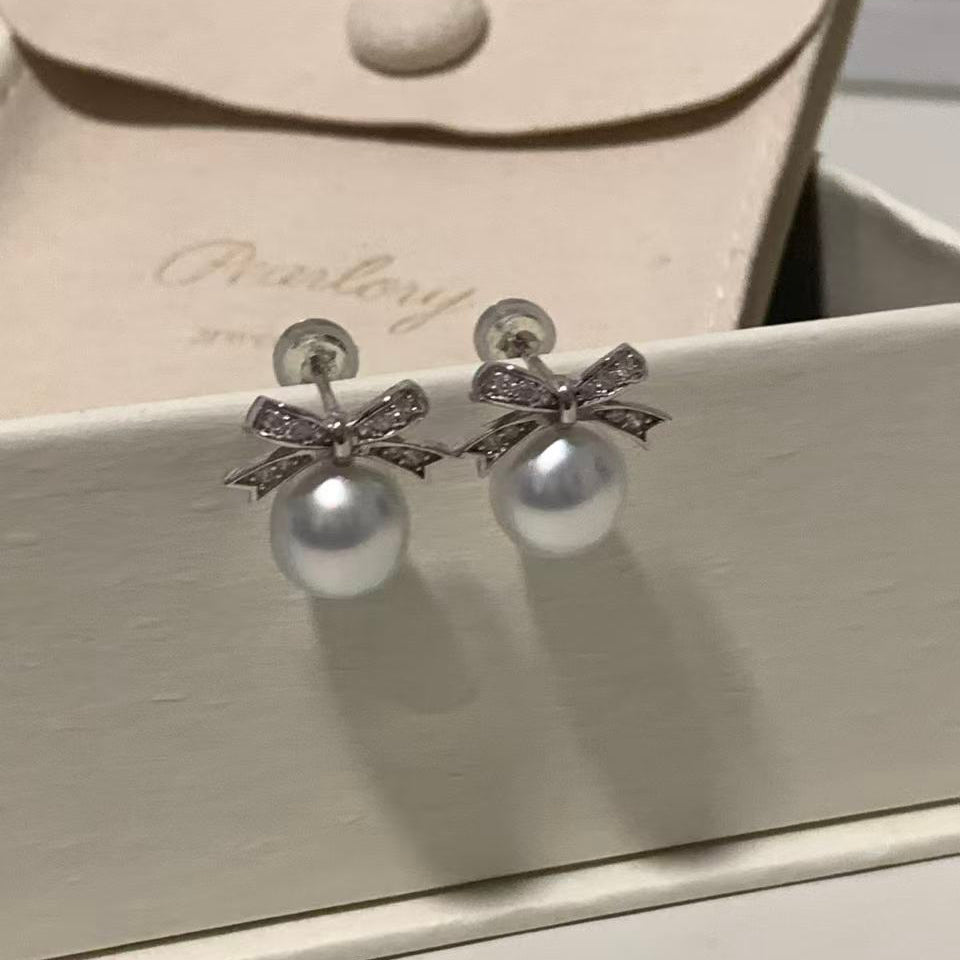 9-10mm Silver Blue Bow Australian South Sea Earrings