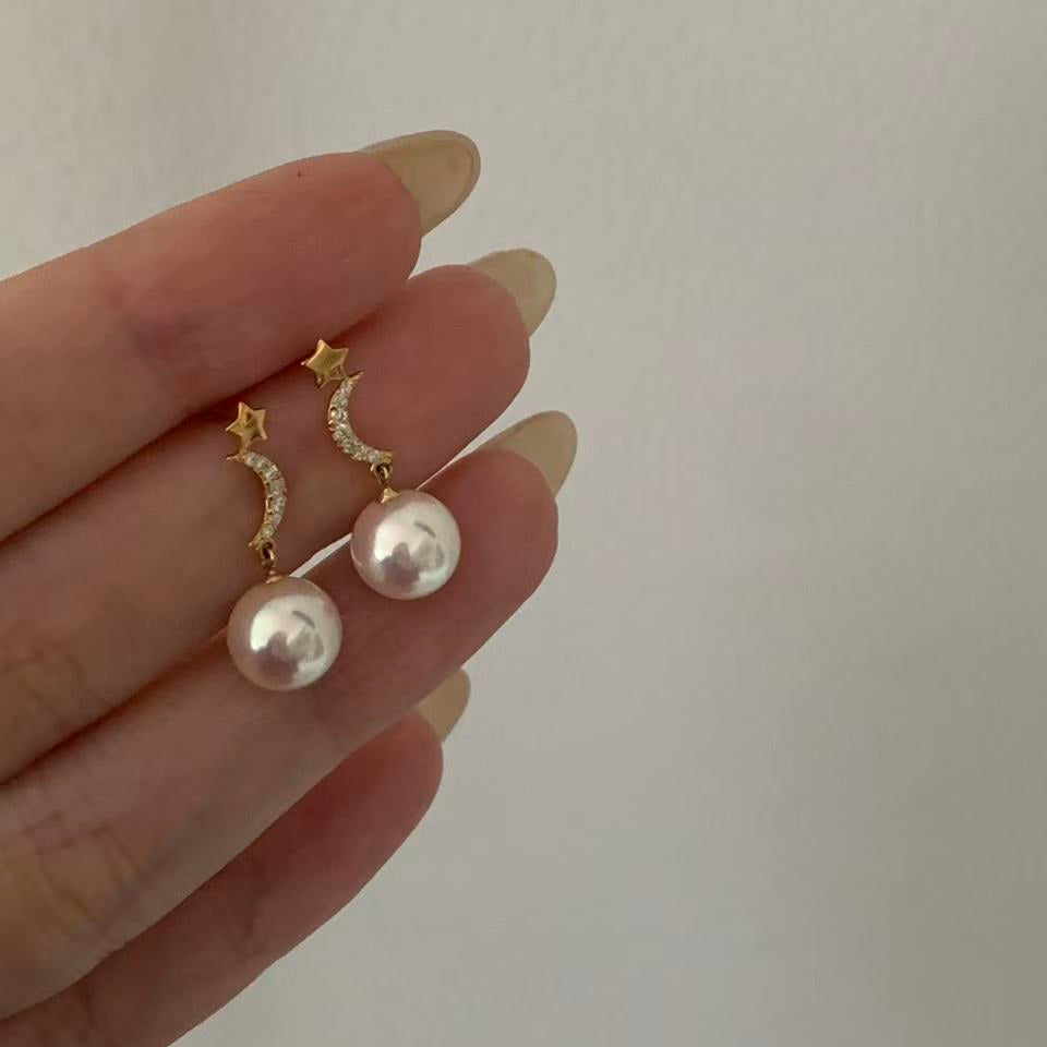 18K Gold Akoya Star and Moon Earrings