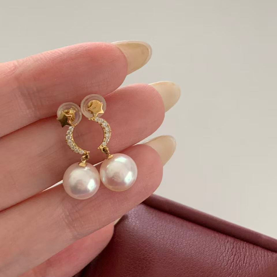 18K Gold Akoya Star and Moon Earrings