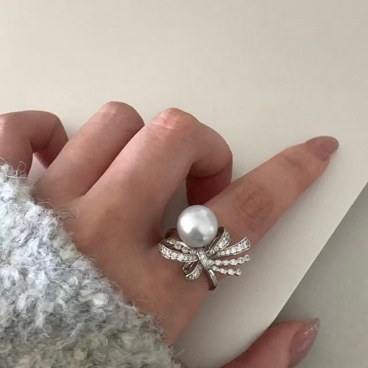 Silver Tone Bow Australian South Sea Pearl  Ring