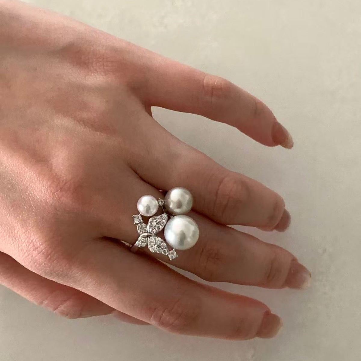 Australian South Sea Three-Pearl Butterfly Ring
