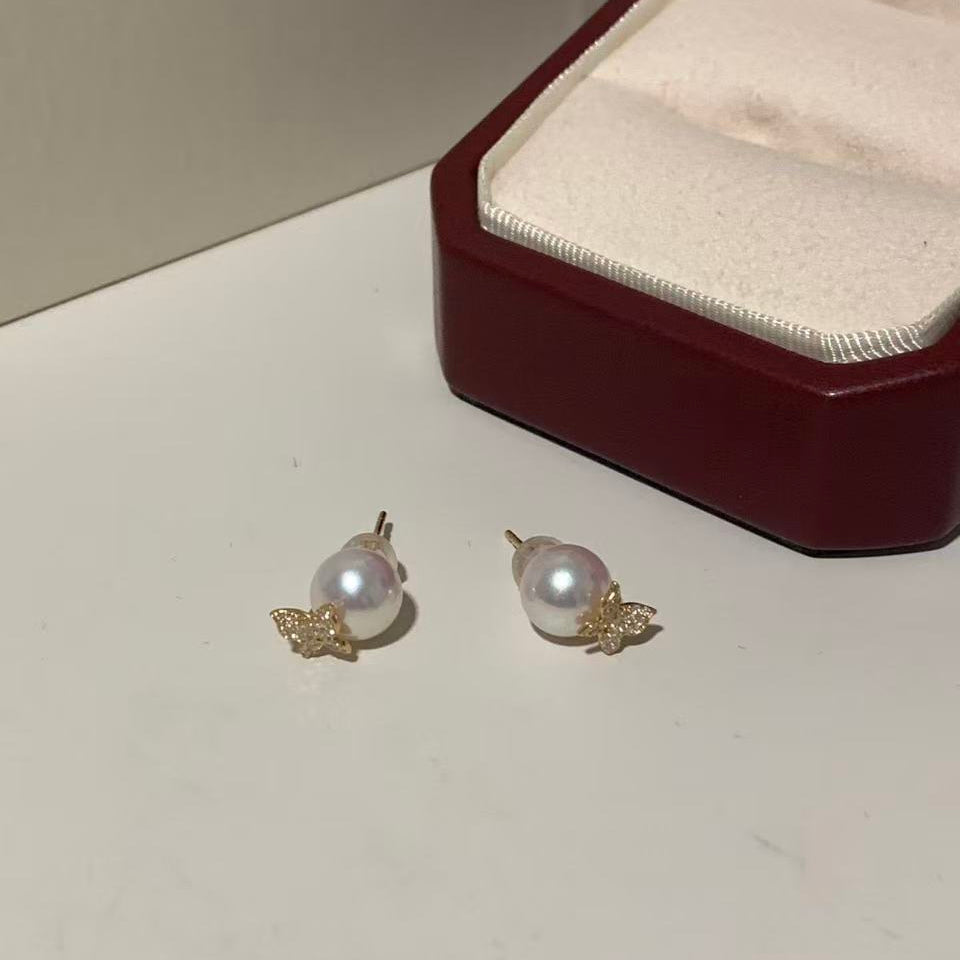 18K Gold Butterfly Akoya Pearl Stud Earrings