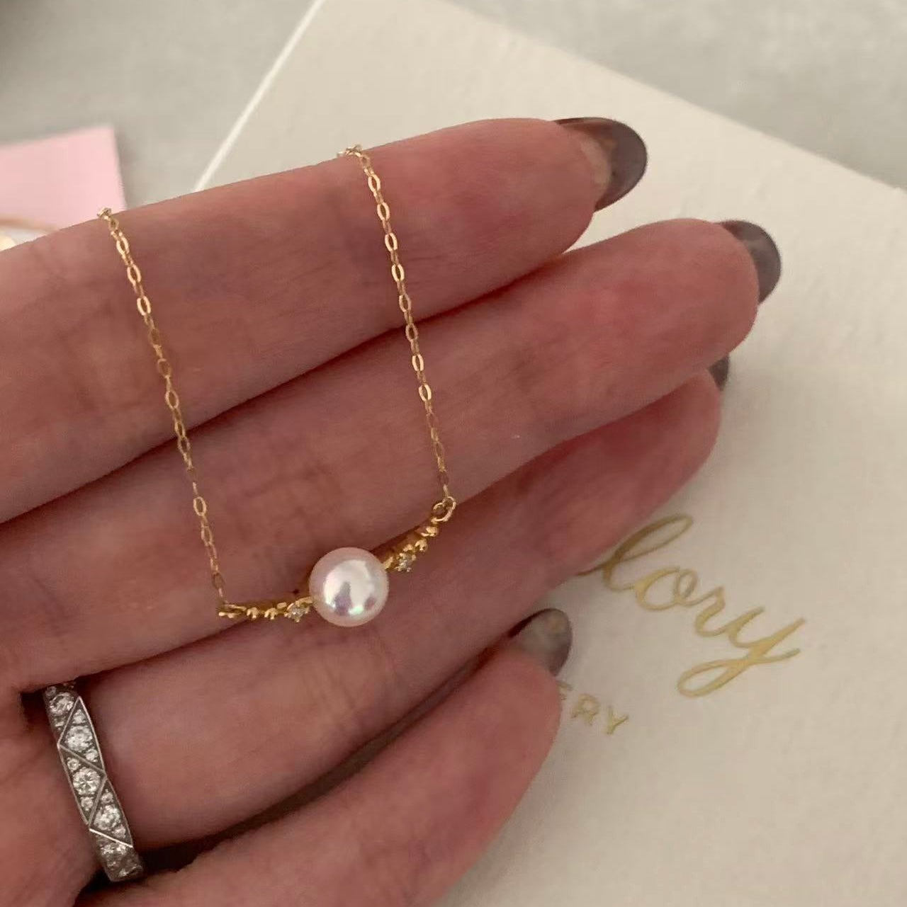 18K Gold Crescent Akoya Pearl Necklace