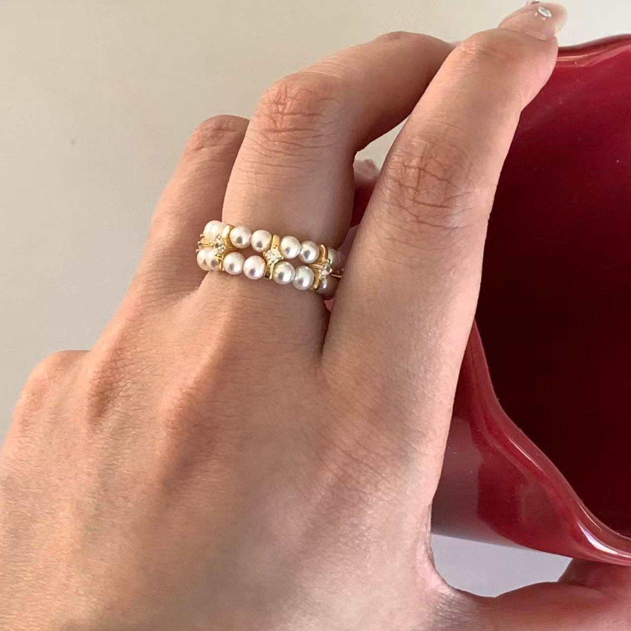 3.5-4mm Gold Double-Row Freshwater Pearl Ring