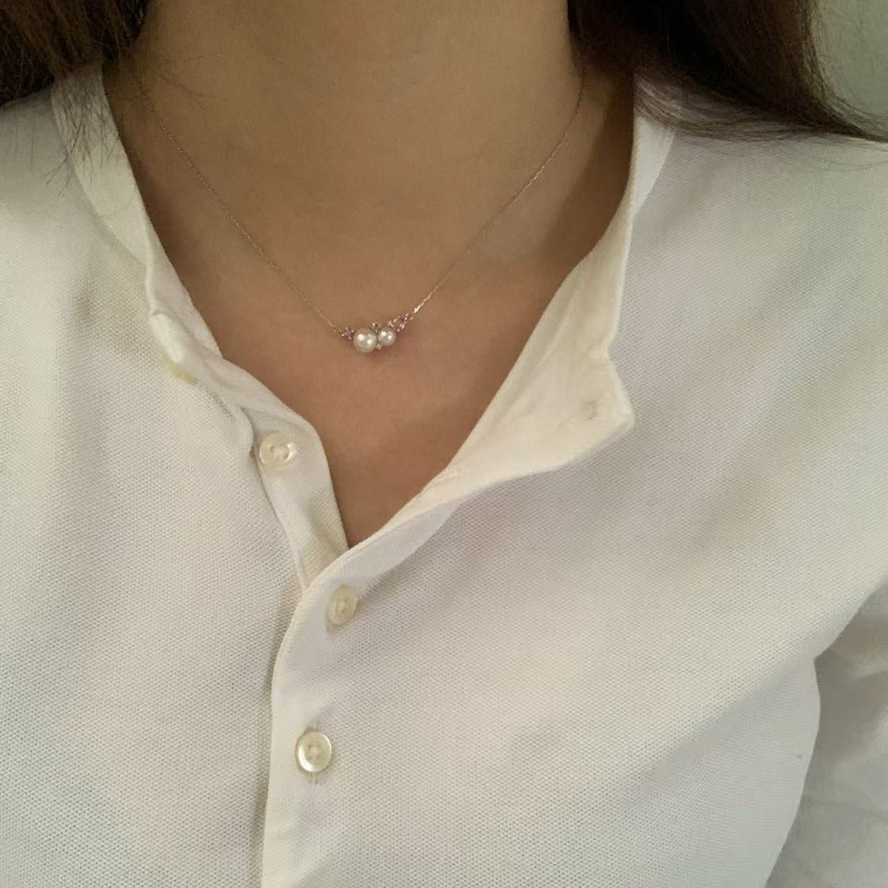 Platinum Diamond Akoya Peach-Toned Pearl Necklace