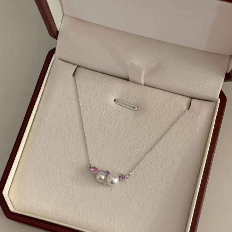 Platinum Diamond Akoya Peach-Toned Pearl Necklace
