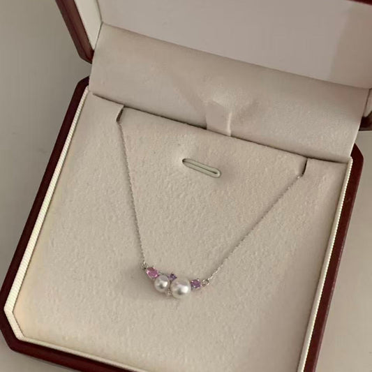 Platinum Diamond Akoya Peach-Toned Pearl Necklace