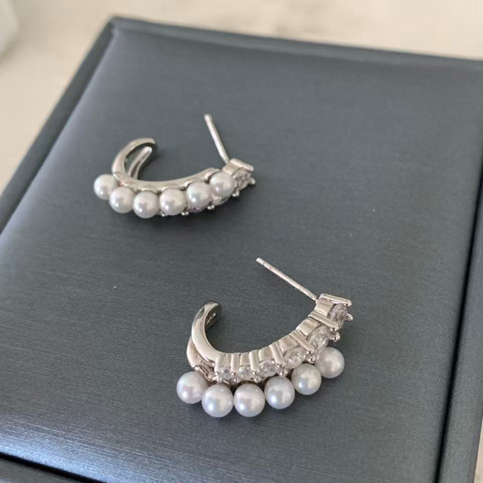 Double Row Zircon Freshwater Pearl Earrings